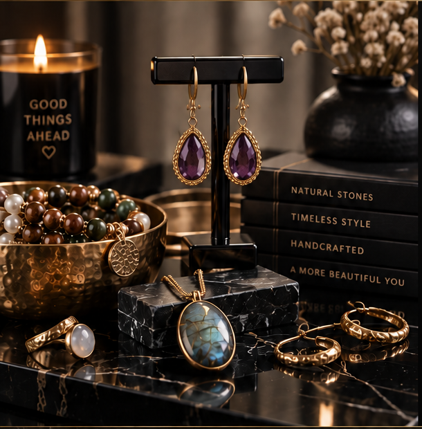 Bella's jewelry displayed on a sleek black presentation stand
