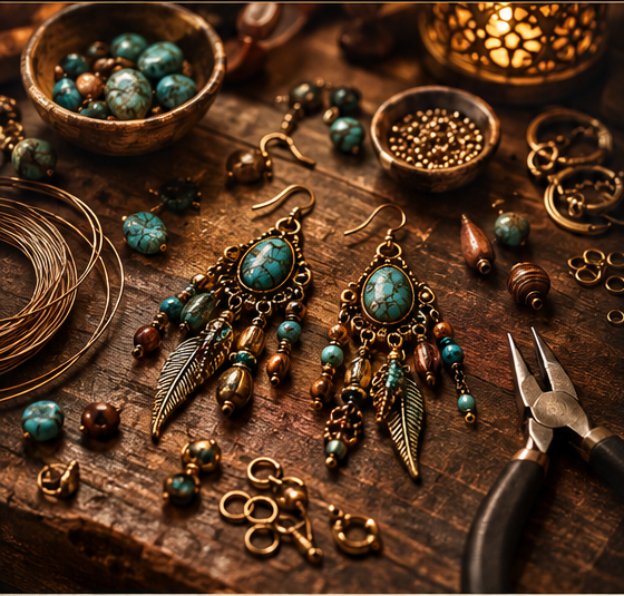 Bella's warm artisan jewelry workbench with turquoise and bronze earrings in progress